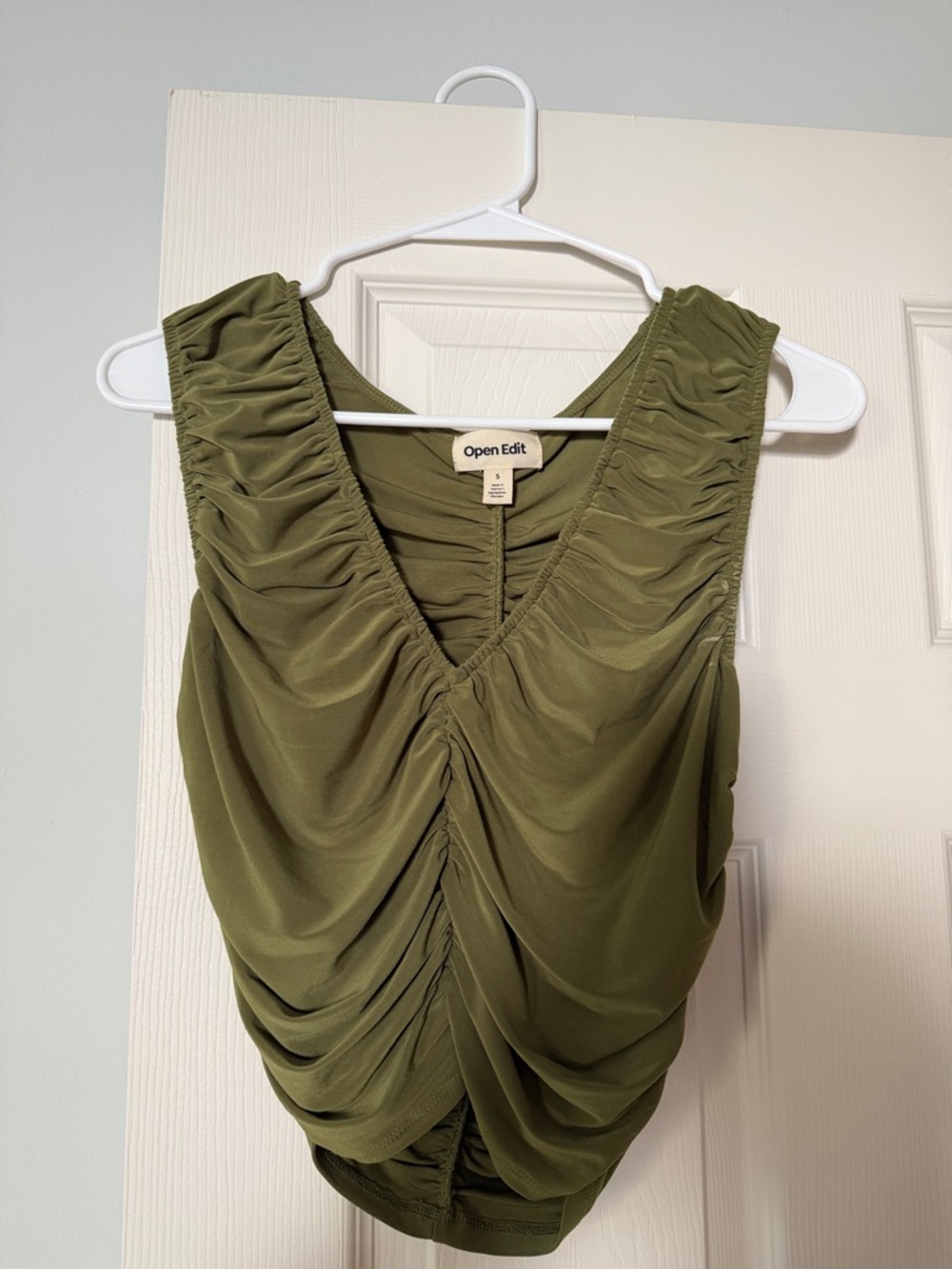 Open Edit Olive Green Ruched Crop Top
